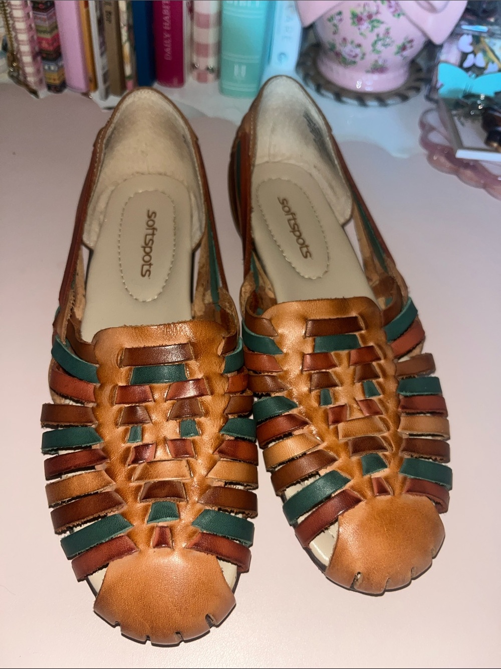 Softspots Braided Leather Flats in Tan and Green